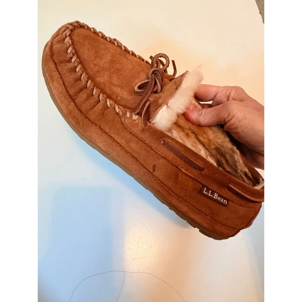 L.L.Bean Wicked Good Moccasin Mens Size 7‎ Brown Shearling Suede Slippers